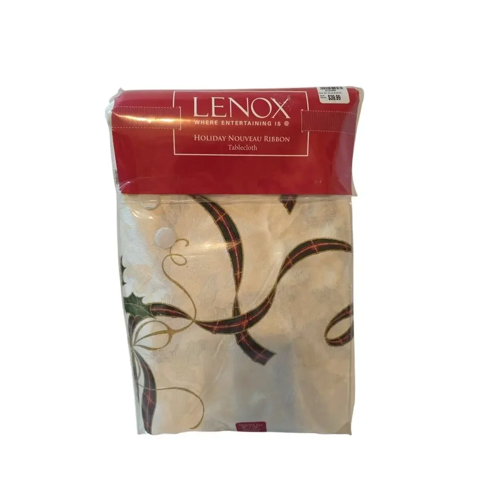 LENOX HOLIDAY NOUVEAU Red Green Ivory CHRISTMAS Holly Ribbon TABLECLOTH 60X140